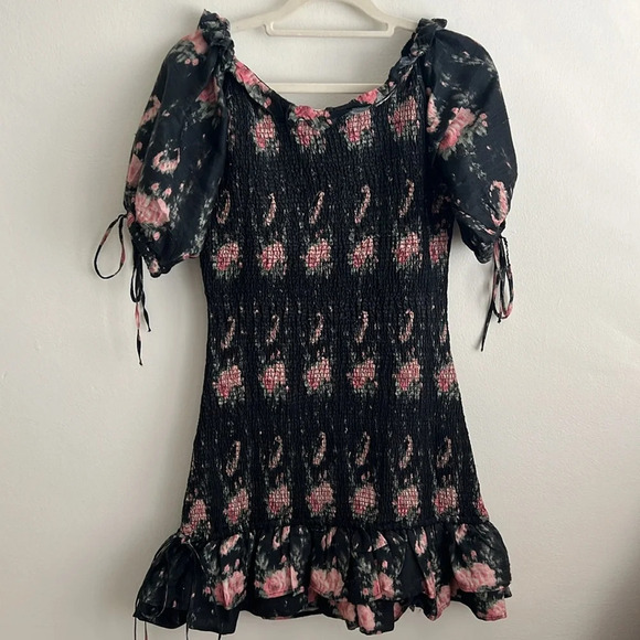 LOVESHACKFANCY Violet Dress in Black Coffee Smocked Puff Sleeves Cottagecore P - Picture 13 of 13